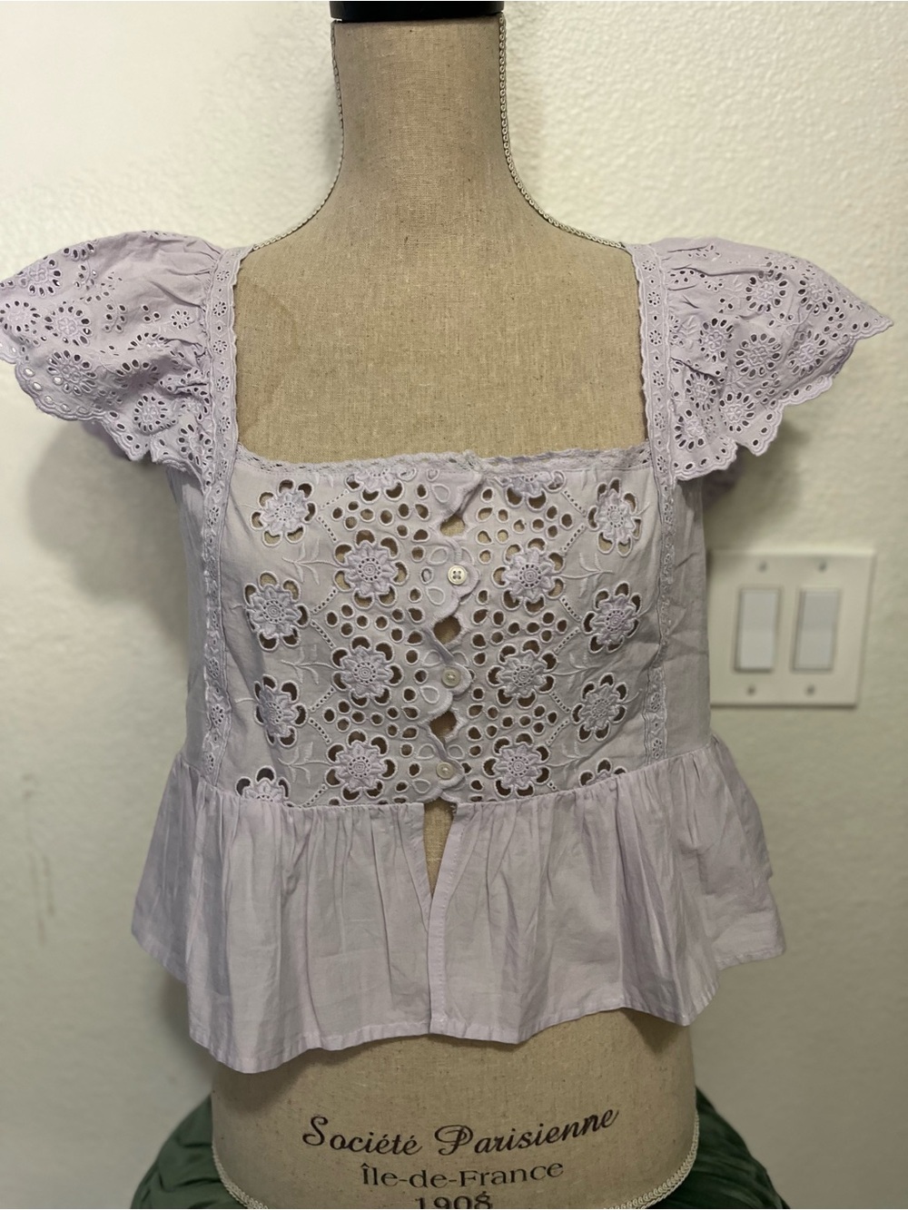 American Eagle Outfitters Light Lavender Eyelet Peplum Top